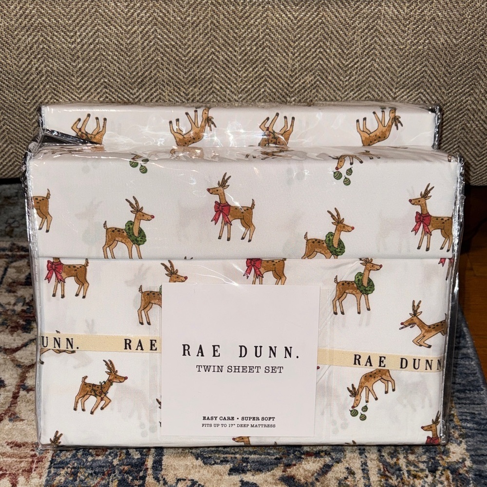 NWT Rae Dunn Festive Reindeer Twin Sheet Set CHRISTMAS SEASONAL 25’ Collection